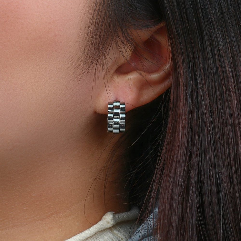 Vintage Chunky Watchband Hoop Earrings PVD 18K White Gold - Picture 3 of 12